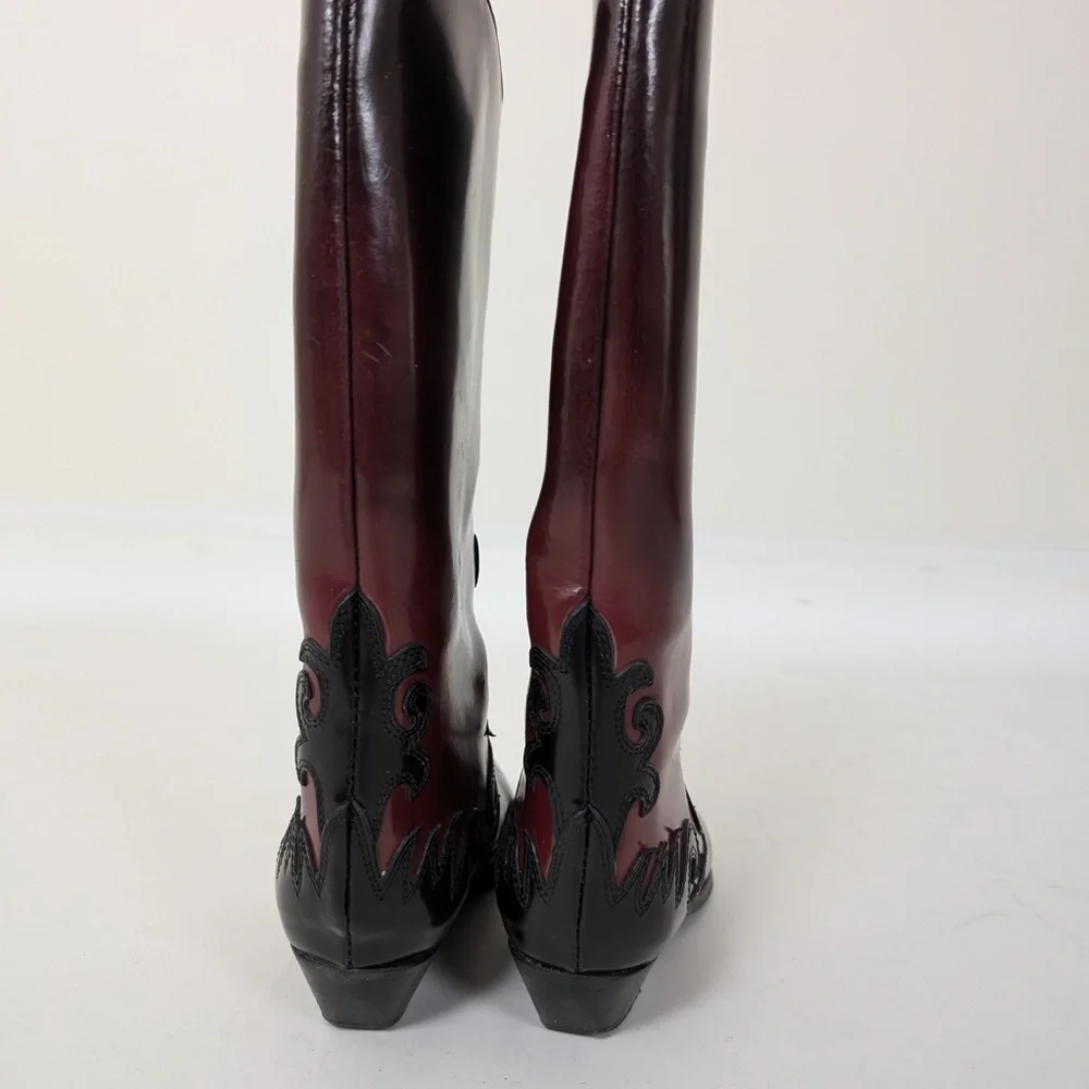 Pleather Ombre Boots Western Faux Leather PVC Round Toe Maroon Burgundy - Picture 9 of 10